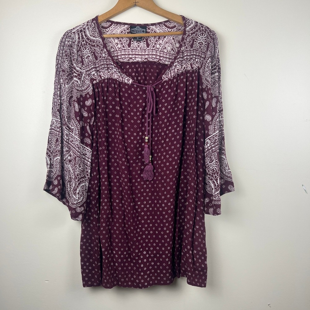Burgundy Paisley Floral Bell Sleeve Peasant Blouse Boho Tunic TopSmall